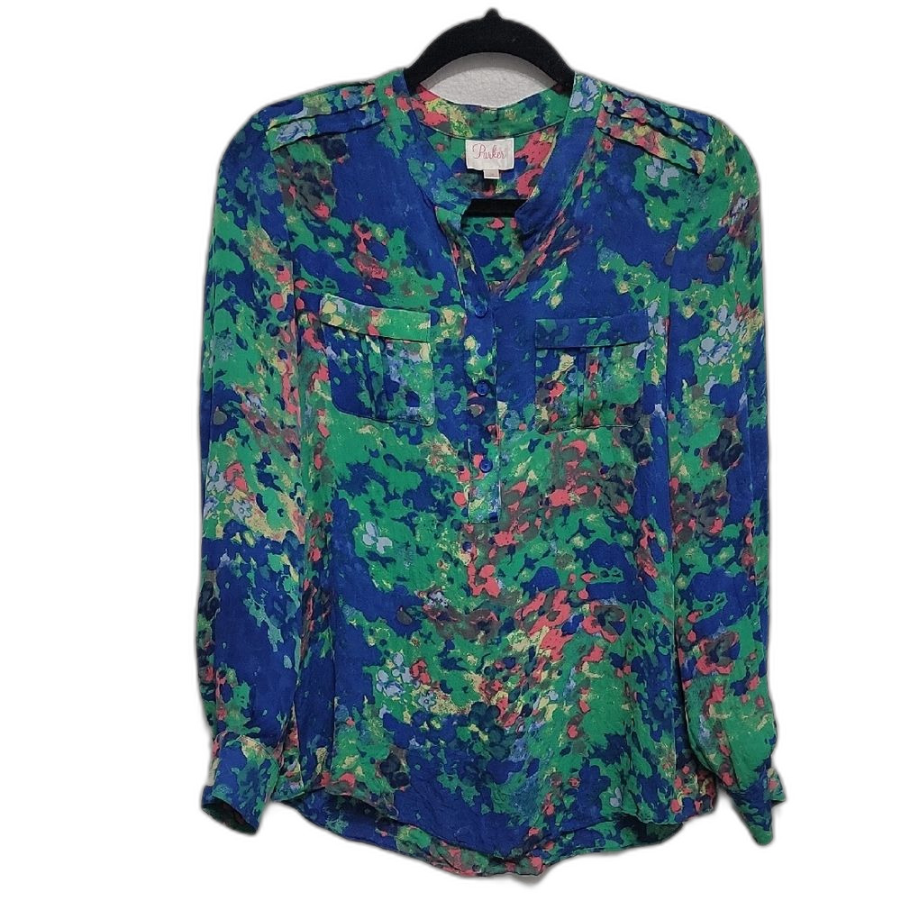 Parker Silk Blue and Green Patterned Blouse